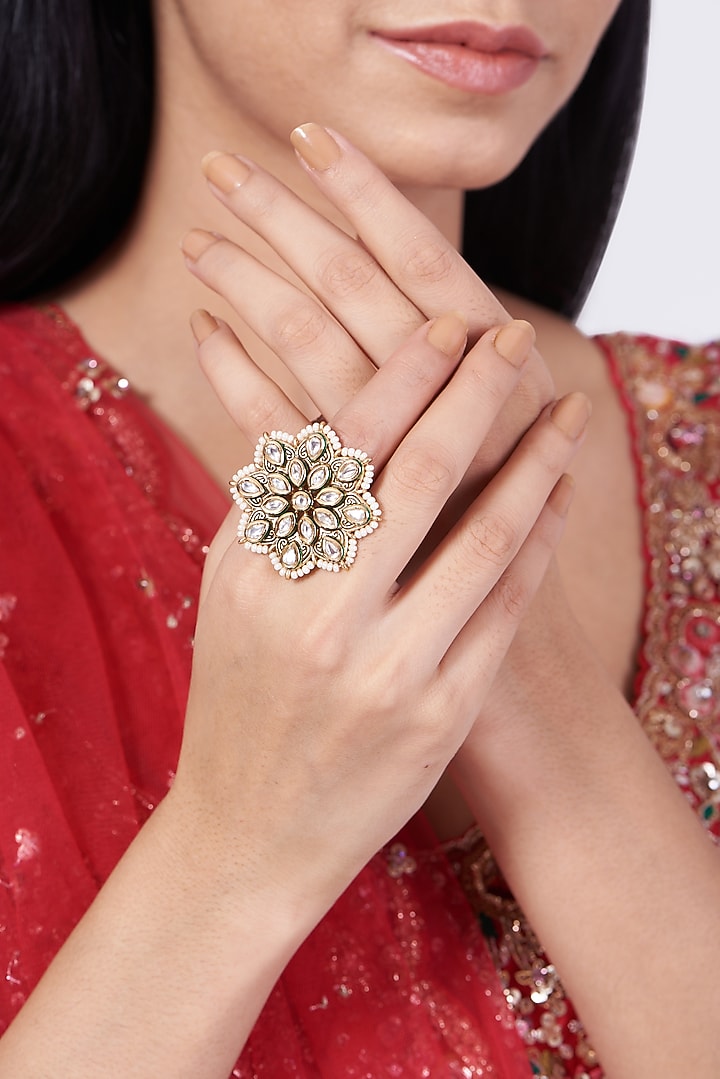 Gold Finish Pearl & Kundan Polki Ring by VASTRAA Jewellery at Pernia's Pop Up Shop