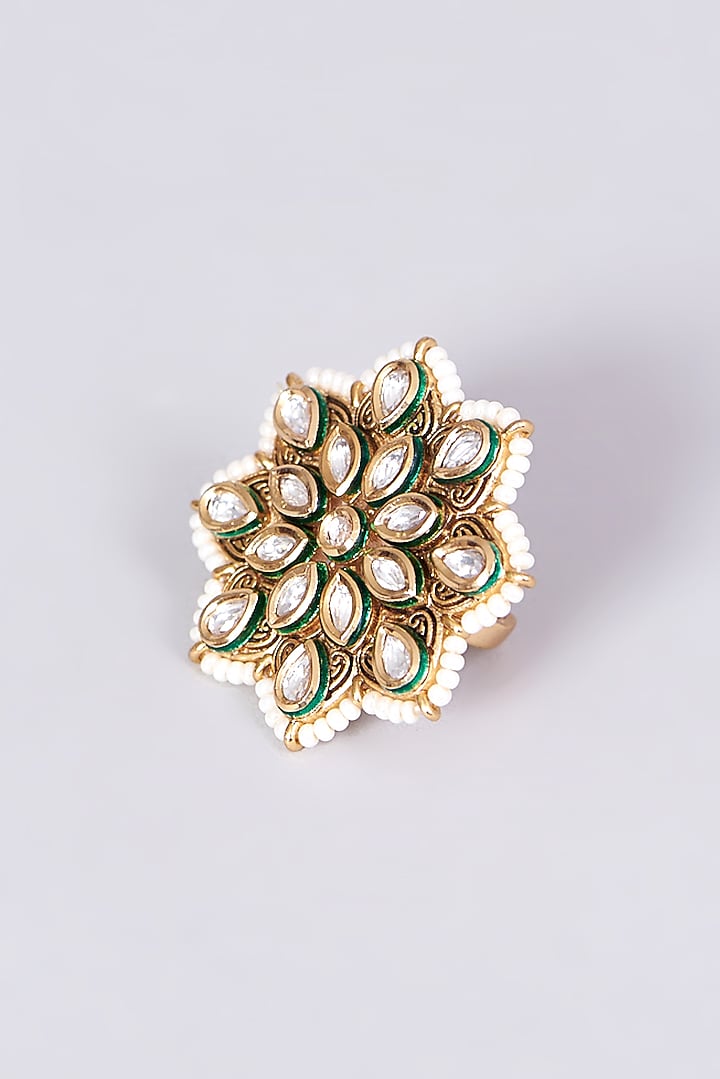 Gold Finish Pearl & Kundan Polki Ring by VASTRAA Jewellery at Pernia's Pop Up Shop