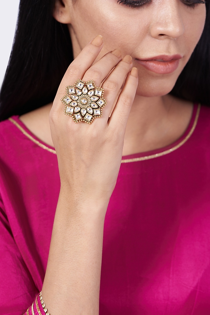 Gold Finish Kundan Polki Ring by VASTRAA Jewellery at Pernia's Pop Up Shop