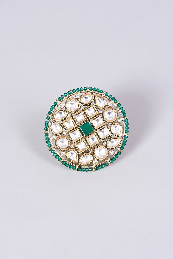 Gold Finish Kundan Polki & Green Beaded Ring by VASTRAA Jewellery at Pernia's Pop Up Shop