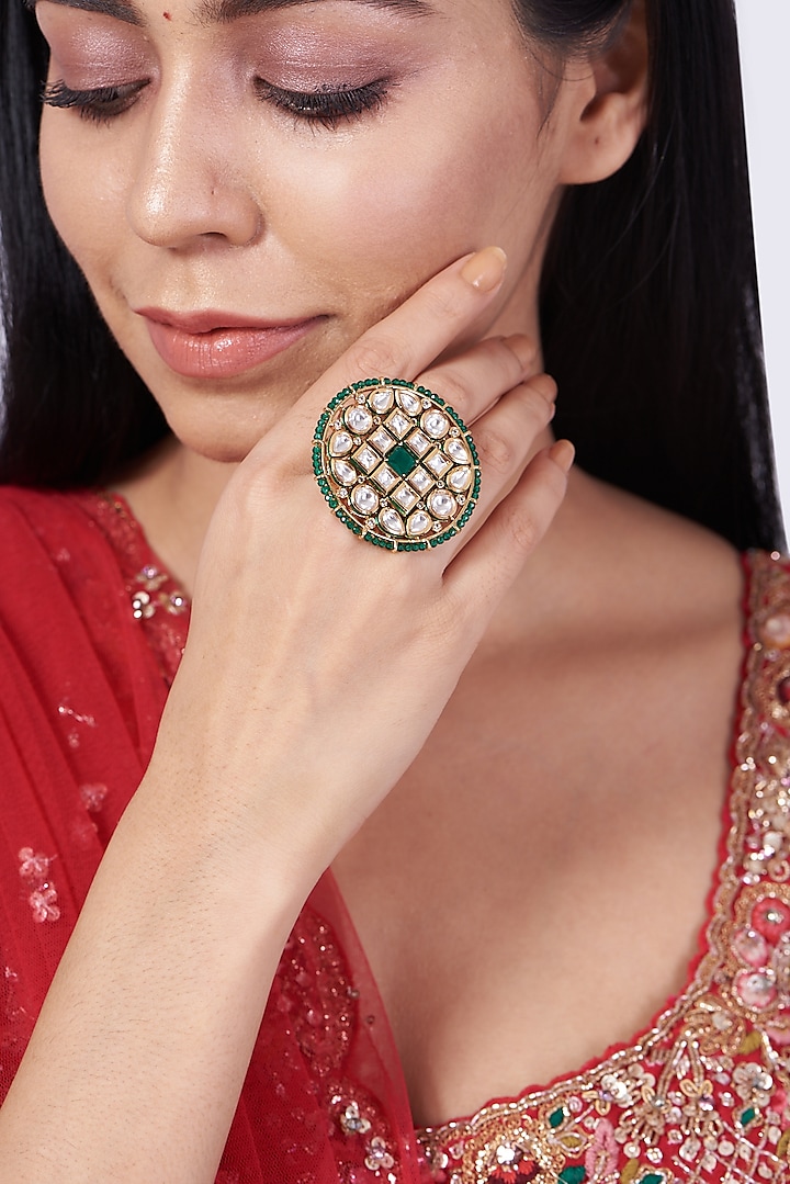 Gold Finish Kundan Polki & Green Beaded Ring by VASTRAA Jewellery