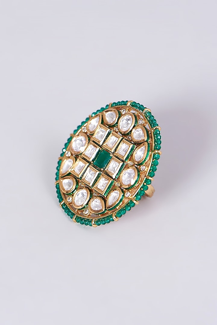 Gold Finish Kundan Polki & Green Beaded Ring by VASTRAA Jewellery at Pernia's Pop Up Shop
