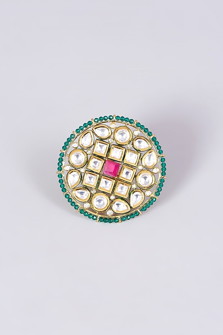 Gold Finish Kundan Polki & Red Stone Ring by VASTRAA Jewellery at Pernia's Pop Up Shop