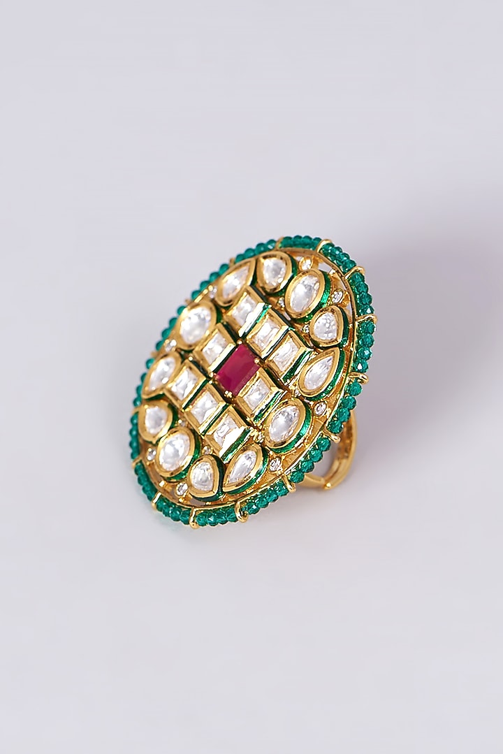 Gold Finish Kundan Polki & Red Stone Ring by VASTRAA Jewellery at Pernia's Pop Up Shop