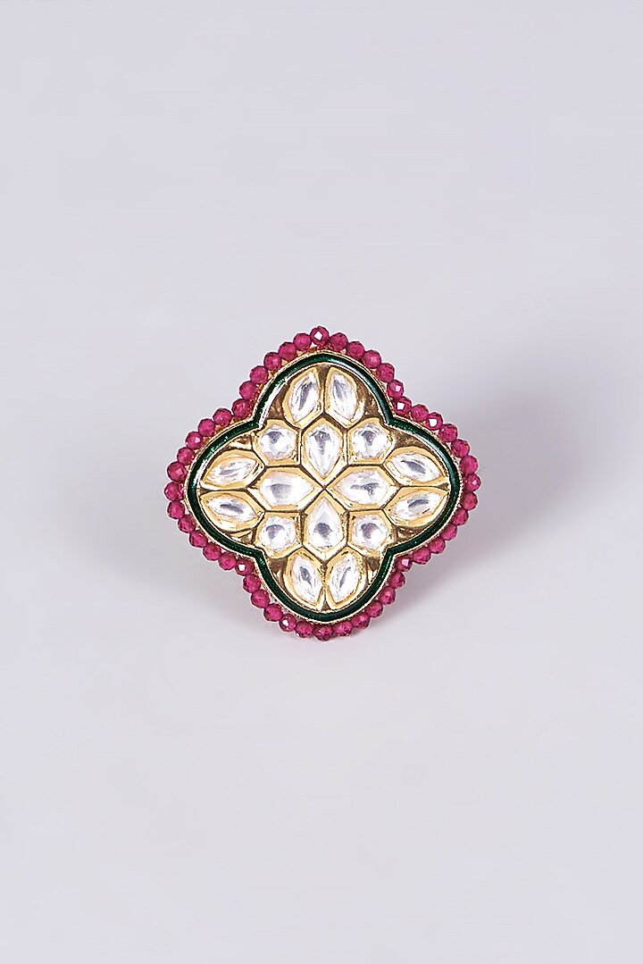 Gold Finish Kundan Polki & Red Beaded Ring by VASTRAA Jewellery at Pernia's Pop Up Shop