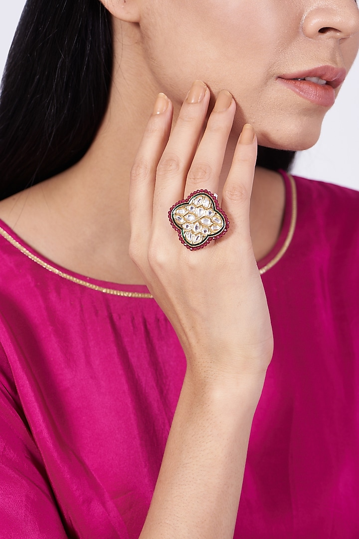Gold Finish Kundan Polki & Red Beaded Ring by VASTRAA Jewellery
