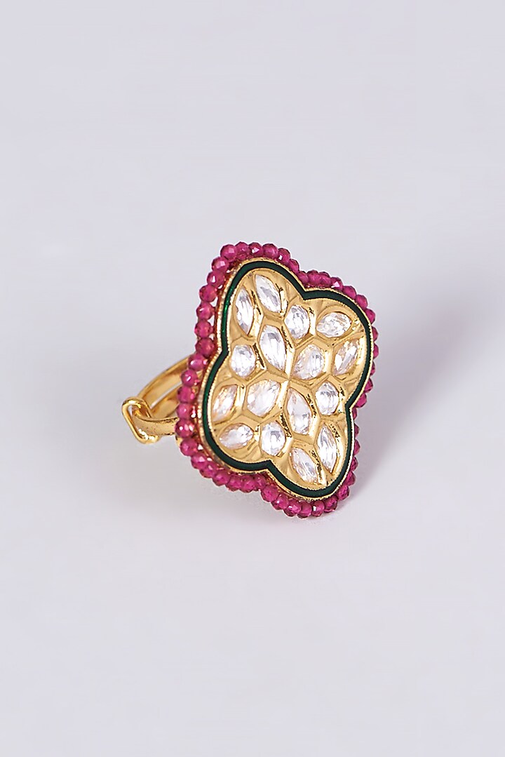 Gold Finish Kundan Polki & Red Beaded Ring by VASTRAA Jewellery at Pernia's Pop Up Shop