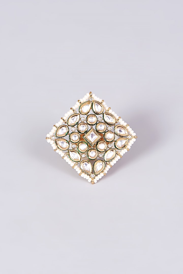 Gold Finish Kundan Polki & Pearl Ring by VASTRAA Jewellery at Pernia's Pop Up Shop
