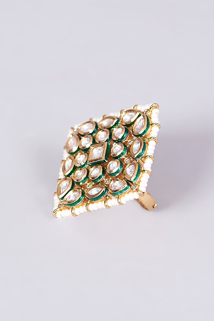 Gold Finish Kundan Polki & Pearl Ring by VASTRAA Jewellery at Pernia's Pop Up Shop