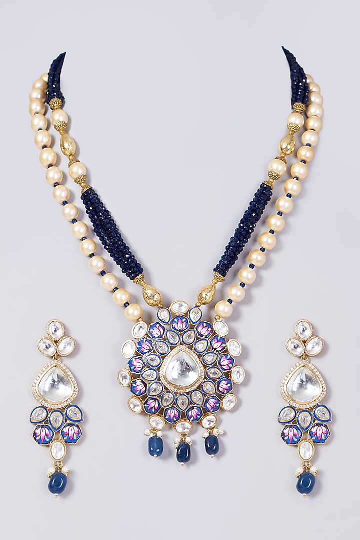 Gold Finish Kundan Polki Beaded Enameled Necklace Set by VASTRAA Jewellery at Pernia's Pop Up Shop