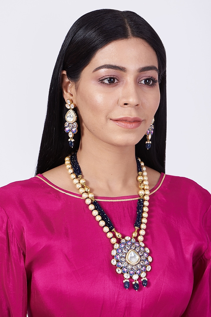 Gold Finish Kundan Polki Beaded Enameled Necklace Set by VASTRAA Jewellery at Pernia's Pop Up Shop