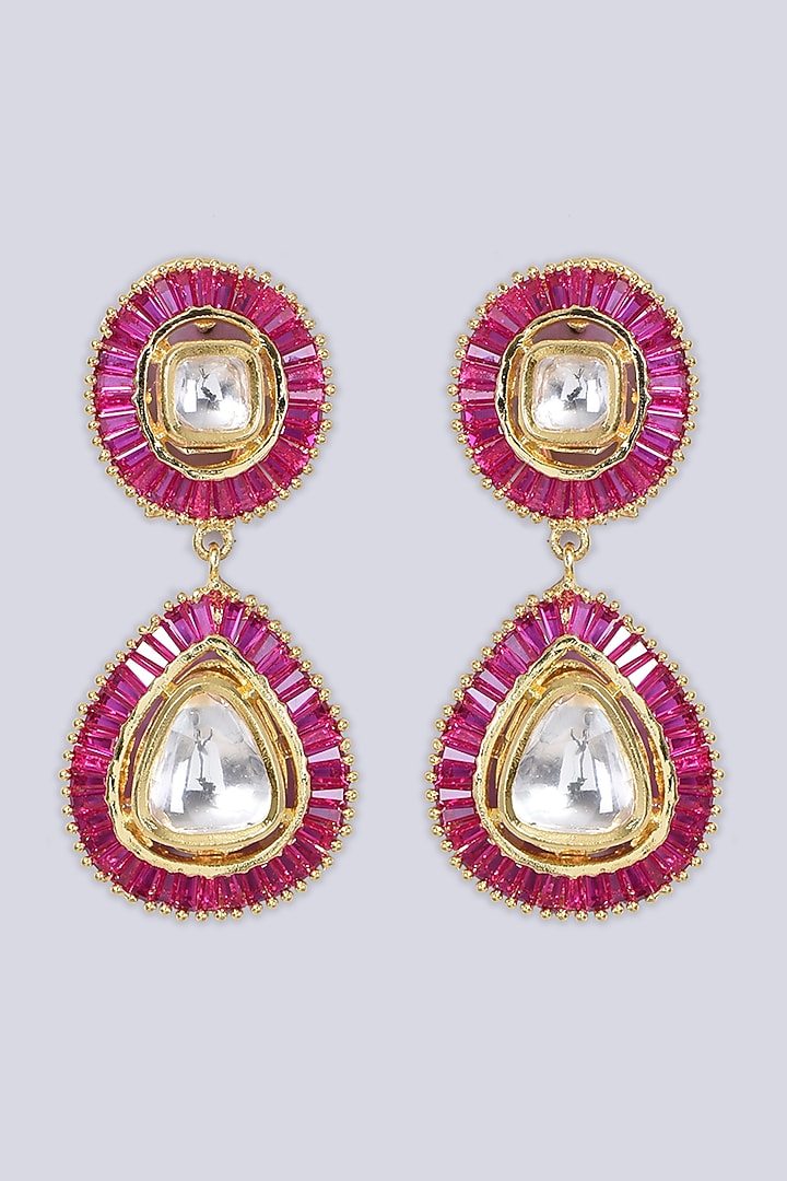 Gold Finish Kundan Polki & Pink Synthetic Stone Earrings by VASTRAA Jewellery at Pernia's Pop Up Shop