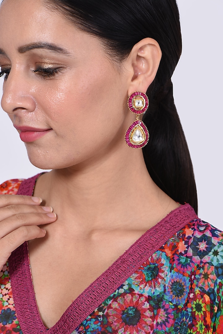 Gold Finish Kundan Polki & Pink Synthetic Stone Earrings by VASTRAA Jewellery