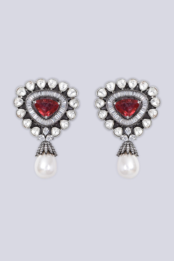 Black Rhodium Finish Zircon & Pearl Earrings by VASTRAA Jewellery at Pernia's Pop Up Shop