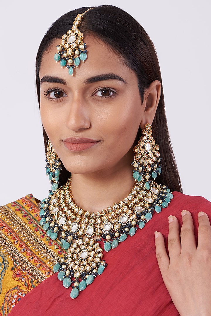 Gold Finish Kundan Polki & Blue Beaded Necklace Set by VASTRAA Jewellery