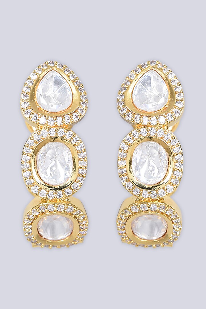 Gold Finish Kundan Polki & Zircon Earrings by VASTRAA Jewellery at Pernia's Pop Up Shop