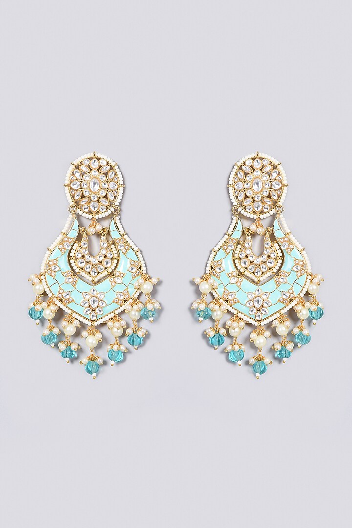 Gold Finish Kundan Polki & Blue Beaded Earrings by VASTRAA Jewellery at Pernia's Pop Up Shop
