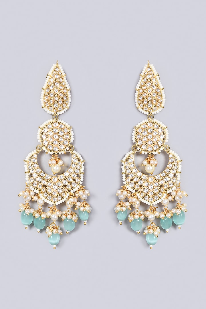 Gold Finish Pearl & Blue Beaded Earrings by VASTRAA Jewellery at Pernia's Pop Up Shop