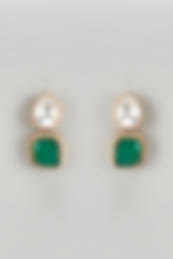 Gold Finish Kundan Polki & Emerald Green Synthetic Stone Stud Earrings by VASTRAA Jewellery at Pernia's Pop Up Shop
