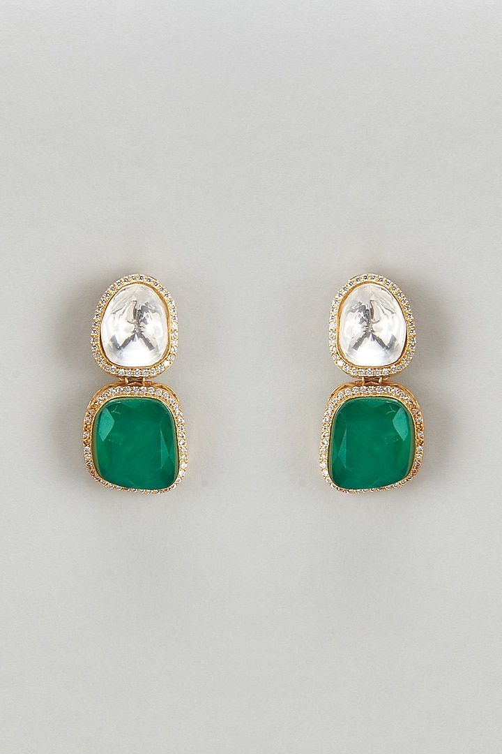 Gold Finish Kundan Polki & Emerald Green Synthetic Stone Stud Earrings by VASTRAA Jewellery at Pernia's Pop Up Shop