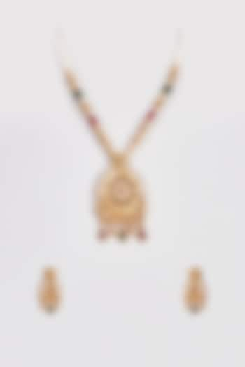 Gold Finish Kundan Polki & Pearl Long Temple Necklace Set by VASTRAA Jewellery at Pernia's Pop Up Shop