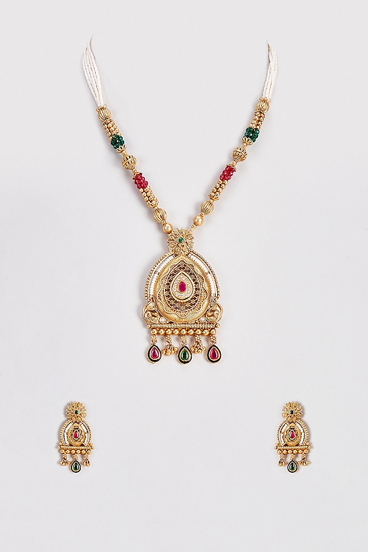 Gold Finish Kundan Polki & Pearl Long Temple Necklace Set by VASTRAA Jewellery at Pernia's Pop Up Shop