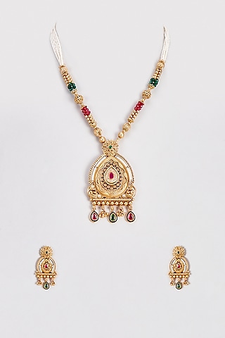 Gold Finish Kundan Polki & Pearl Long Temple Necklace Set by VASTRAA Jewellery