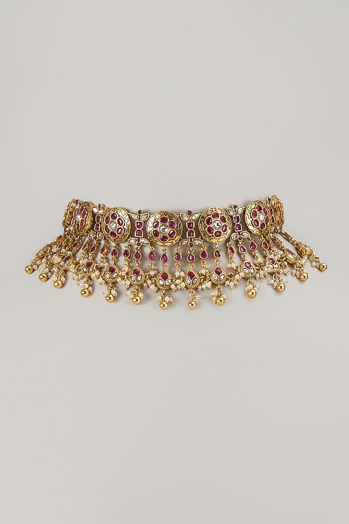 Gold Finish Multi-Colored Stone Choker Necklace by VASTRAA Jewellery at Pernia's Pop Up Shop