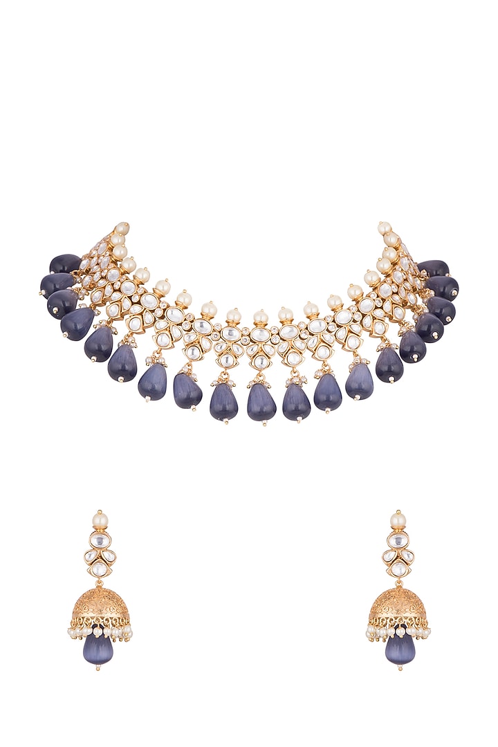 Gold Finish Kundan Polki & Blue Drops Necklace Set by VASTRAA Jewellery at Pernia's Pop Up Shop