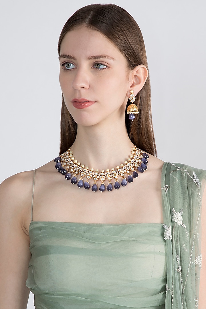 Gold Finish Kundan Polki & Blue Drops Necklace Set by VASTRAA Jewellery