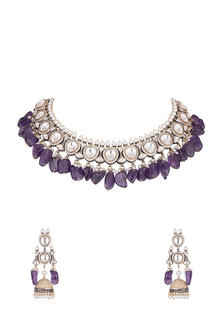 Two-Tone Finish Kundan Polki & Zircon Necklace Set by VASTRAA Jewellery at Pernia's Pop Up Shop