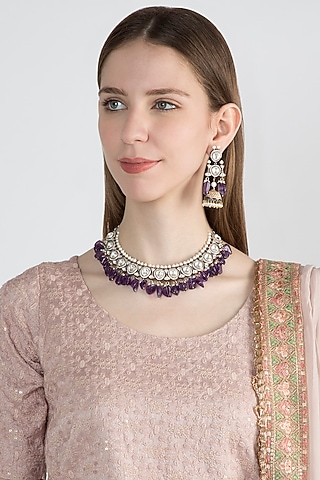 Two-Tone Finish Kundan Polki & Zircon Necklace Set by VASTRAA Jewellery