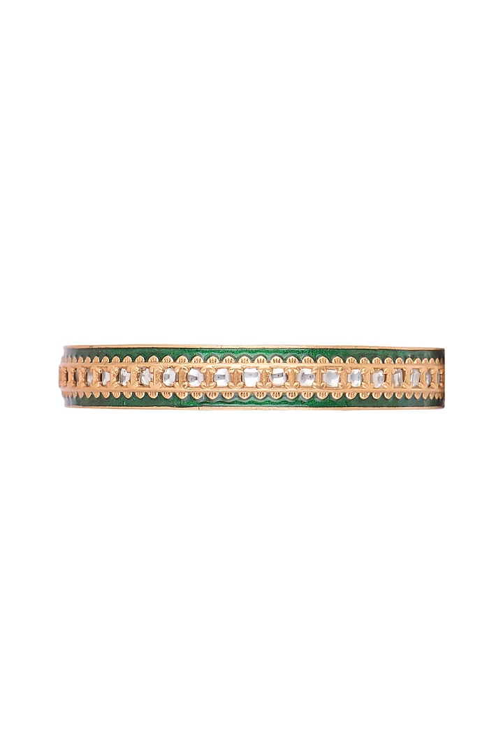 Gold Finish Kundan Polki Green Meenakari Bangles (Set of 2) by VASTRAA Jewellery at Pernia's Pop Up Shop
