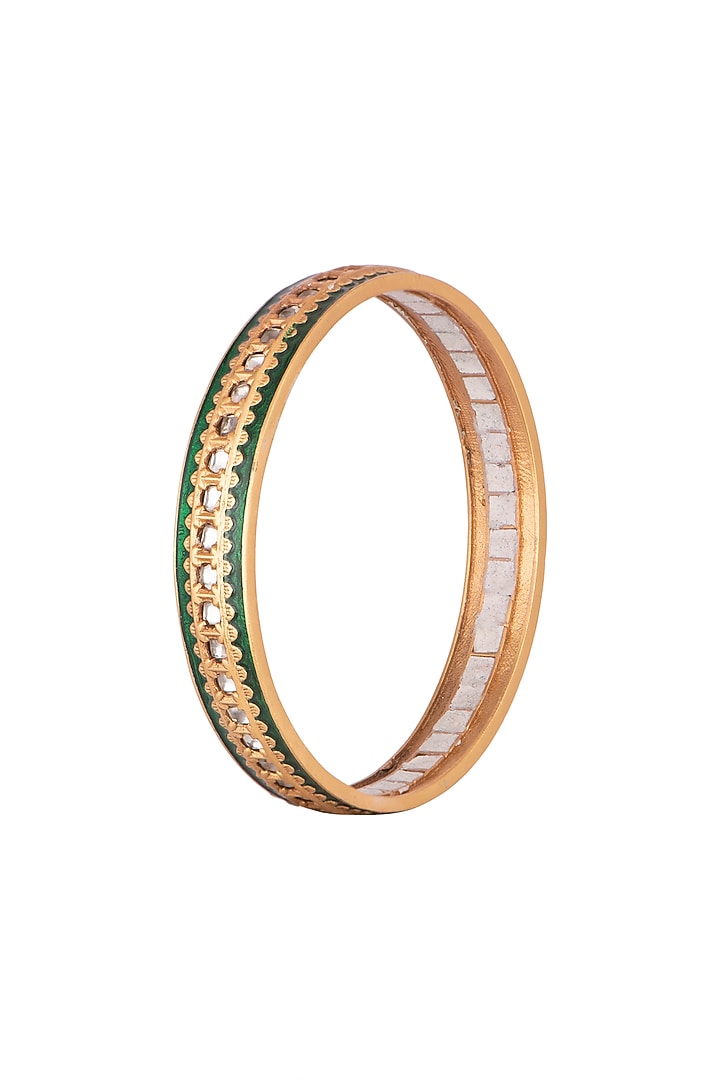 Gold Finish Kundan Polki Green Meenakari Bangles (Set of 2) by VASTRAA Jewellery at Pernia's Pop Up Shop