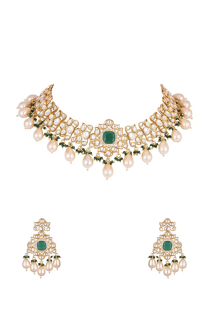 Gold Finish Kundan Polki & Green Stone Necklace Set by VASTRAA Jewellery at Pernia's Pop Up Shop