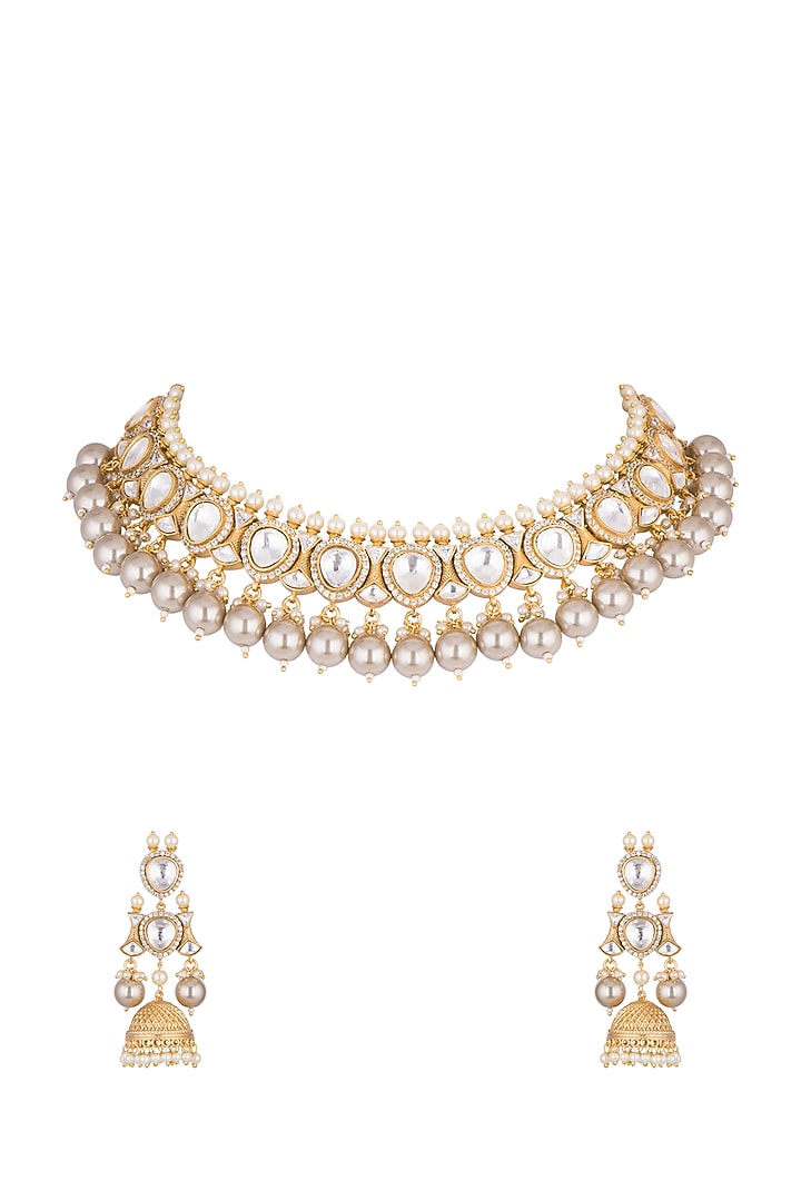 Gold Finish Faux Pearl & Kundan Polki Necklace Set by VASTRAA Jewellery at Pernia's Pop Up Shop