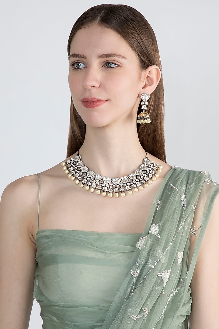 Black Rhodium Finish Kundan Polki & Faux Pearl Necklace Set by VASTRAA Jewellery