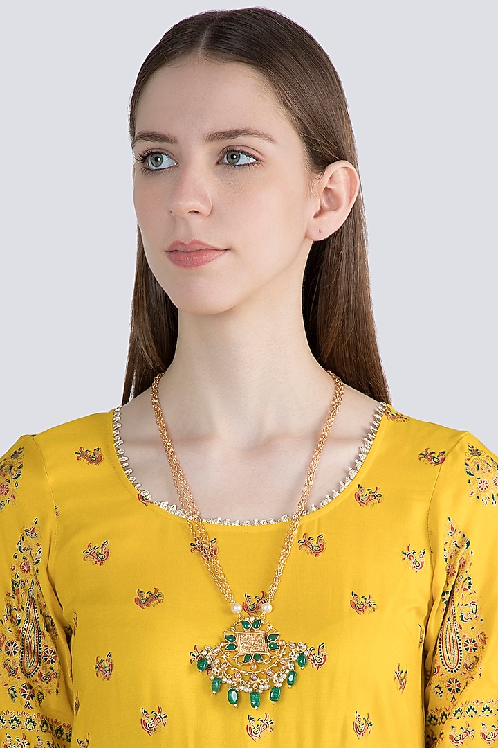 Gold Finish Faux Pearl Chain Pendant Necklace by VASTRAA Jewellery at Pernia's Pop Up Shop