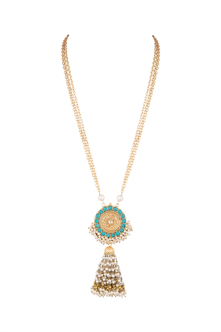 Gold Finish Faux Pearl & Turquoise Stone Chain Pendant Necklace by VASTRAA Jewellery at Pernia's Pop Up Shop