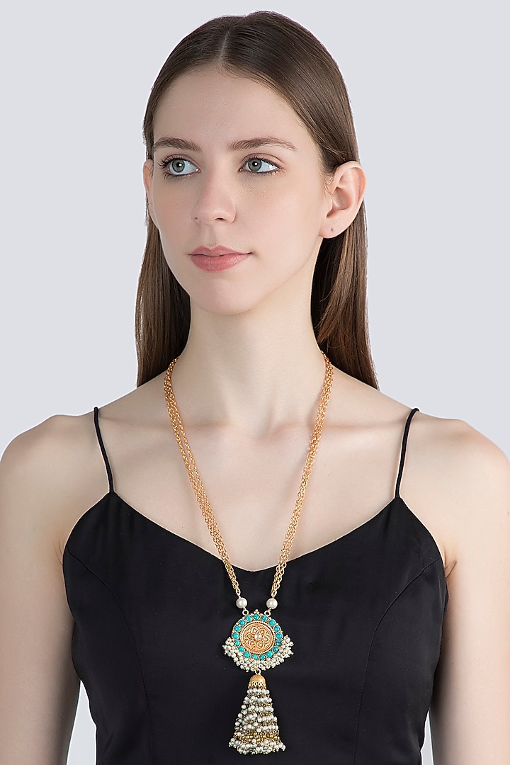 Gold Finish Faux Pearl & Turquoise Stone Chain Pendant Necklace by VASTRAA Jewellery at Pernia's Pop Up Shop