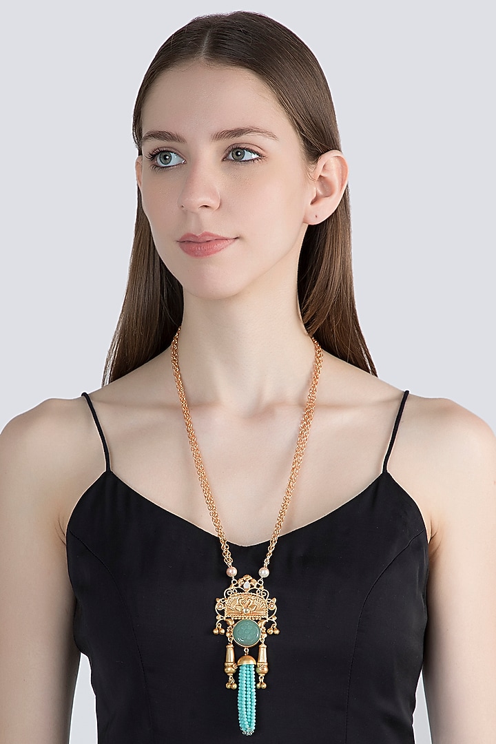 Gold Finish Faux Pearl & Beaded Chain Pendant Necklace by VASTRAA Jewellery at Pernia's Pop Up Shop