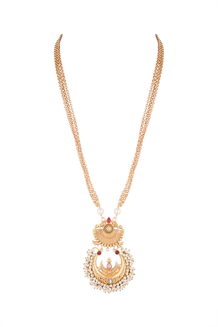 Gold Finish Faux Pearl & Red Stone Chain Pendant Necklace by VASTRAA Jewellery at Pernia's Pop Up Shop