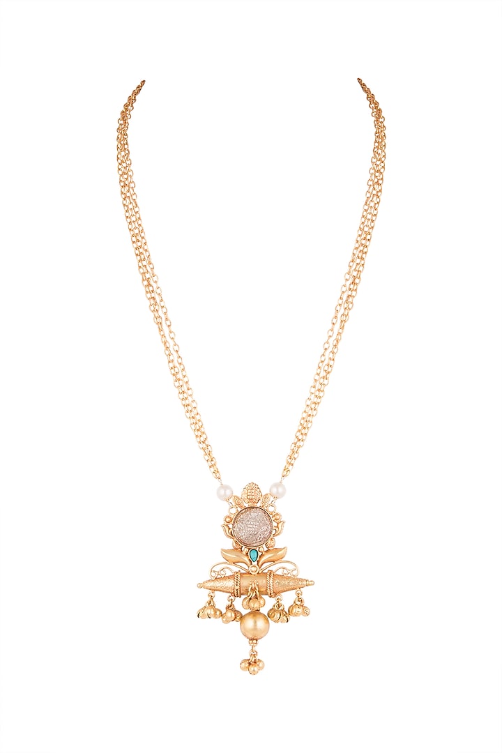Gold Finish Faux Pearl & Blue Stone Chain Pendant Necklace by VASTRAA Jewellery at Pernia's Pop Up Shop