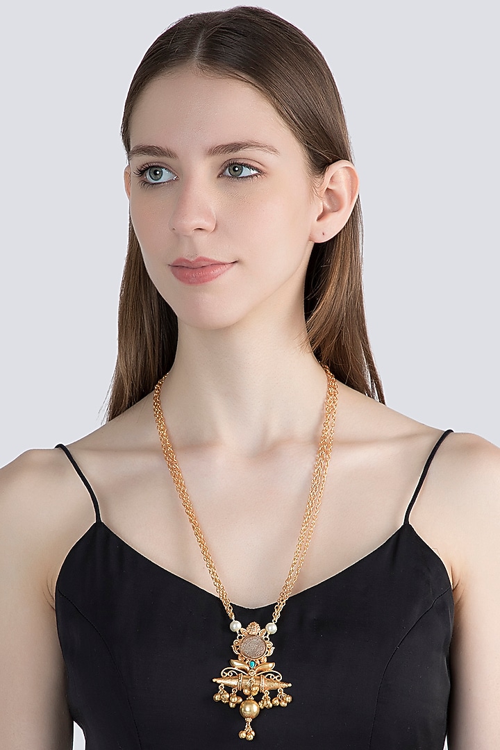 Gold Finish Faux Pearl & Blue Stone Chain Pendant Necklace by VASTRAA Jewellery at Pernia's Pop Up Shop