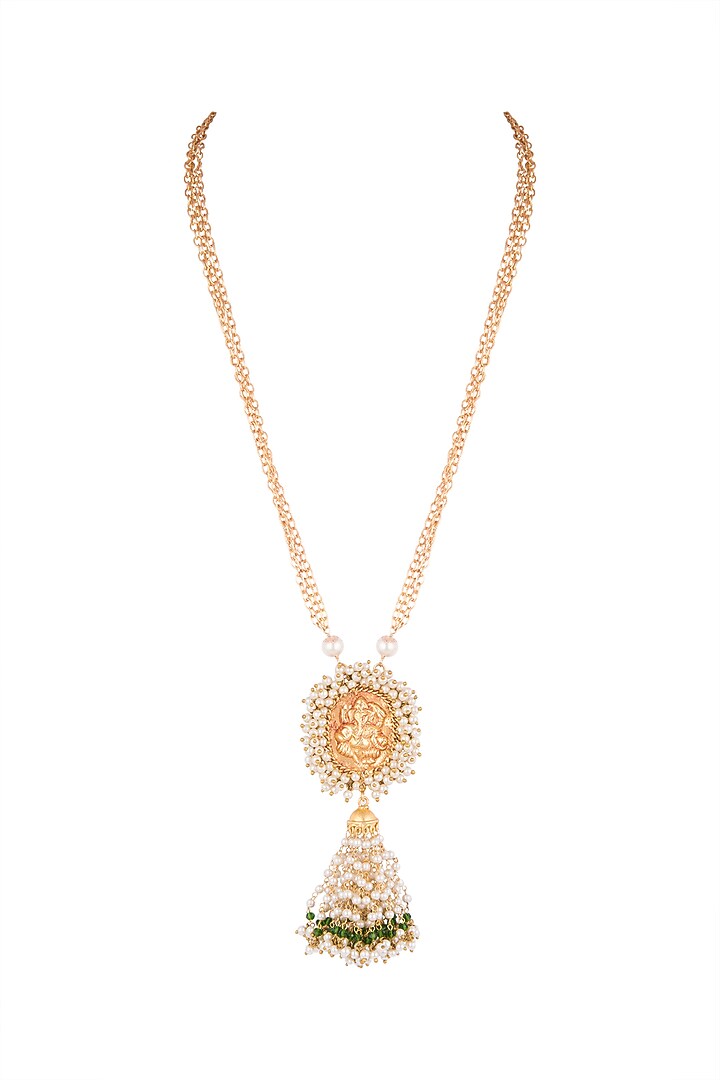 Gold Finish Faux Pearl & Green Beaded Chain Pendant Necklace by VASTRAA Jewellery at Pernia's Pop Up Shop
