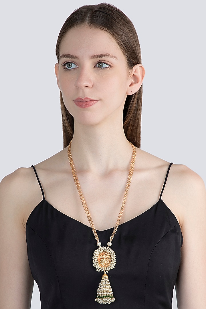 Gold Finish Faux Pearl & Green Beaded Chain Pendant Necklace by VASTRAA Jewellery at Pernia's Pop Up Shop