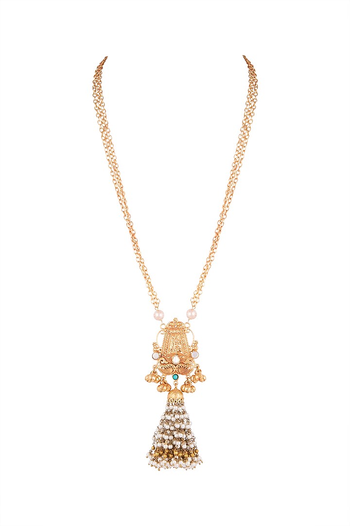 Gold Finish Faux Pearl & Blue Stone Chain Pendant Necklace by VASTRAA Jewellery at Pernia's Pop Up Shop