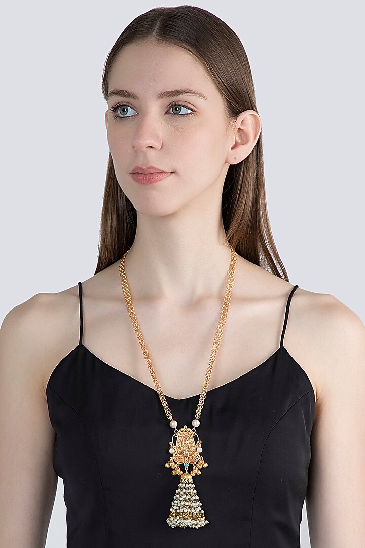 Gold Finish Faux Pearl & Blue Stone Chain Pendant Necklace by VASTRAA Jewellery at Pernia's Pop Up Shop