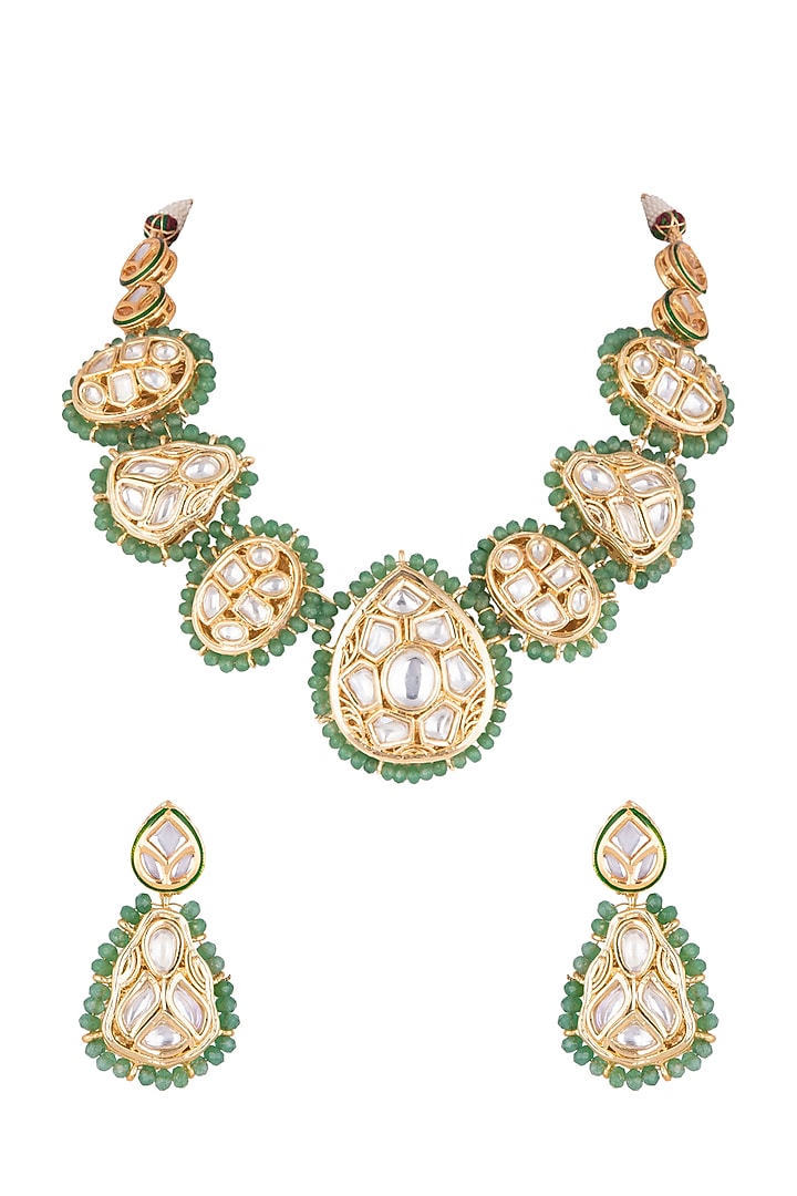 Gold Finish Kundan Polki & Green Beaded Necklace Set by VASTRAA Jewellery at Pernia's Pop Up Shop