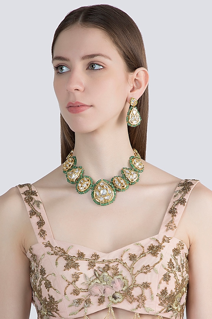 Gold Finish Kundan Polki & Green Beaded Necklace Set by VASTRAA Jewellery at Pernia's Pop Up Shop